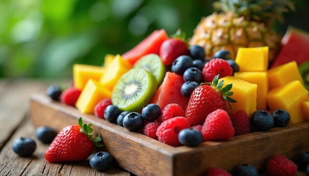Wooden tray with assorted fresh fruits like strawberries, blueberries, raspberries, kiwi, mango, pineapple and watermelon slices. Healthy natural food mix on rustic table.
