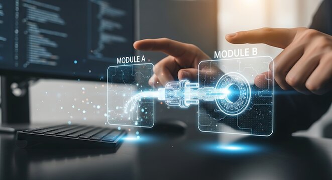 API and system integration. A developer's hands connect two 'software modules' (blocks) with a holographic 'plug', symbolizing API integration.