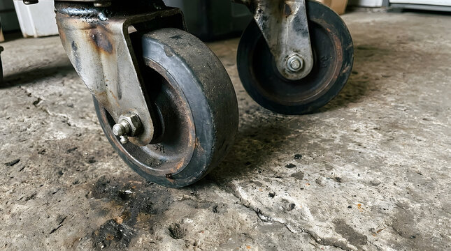 Rusty industrial caster wheels on concrete workshop floor close-up view