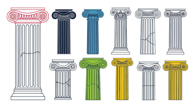 Collection of Greek Ionic Columns: Different Colors & Styles, Architectural Elements