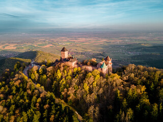 Naklejka premium Castle Haut-Koenigsbourg, Alsace, France - April 10, 2026 - Autumn foliage framing medieval castle silhouette with warm orange and amber canopy, soft light enhancing texture of leaves and stone,