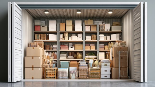 Neat storage unit stocked with labeled boxes and shelving, rows of inventory and supplies organized by category, climate stable interior with clear aisles, ideal for small business fulfillment