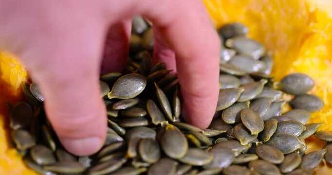 pumpkin seeds and cut in half pumpkin with soft juicy flesh and seeds without husks, sliced pumpkin with baking pulp and healthy and nutritious seeds