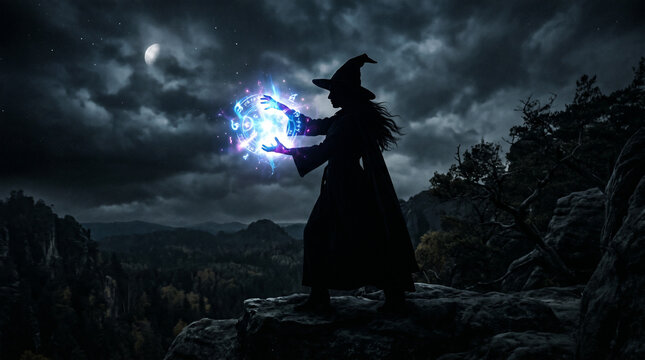 Mystic Night: A solitary witch stands on a cliff edge under a moonlit sky, casting a spell of glowing blue energy, amidst a dramatic mountain landscape.