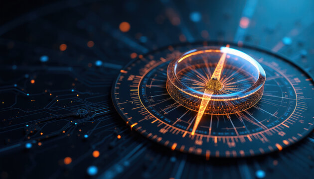 Futuristic digital compass glows brightly on circuit board. Digital technology guides path forward showing direction, exploring new ventures and future goals. Navigation concept.