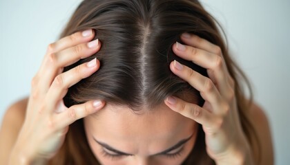 Naklejka premium Woman examines thinning hair on her head. She shows sparse hair density due to hair loss or alopecia. This close-up shows her worried expression, symbolizing hair care concerns.