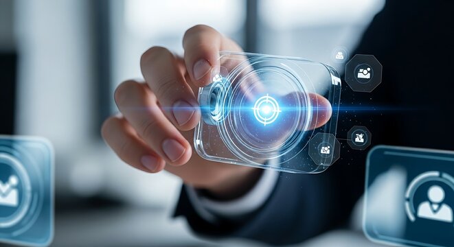 Focus and concentration concept. A professional's hand adjusts the 'focus' of a holographic camera lens to make a central icon sharp and clear.