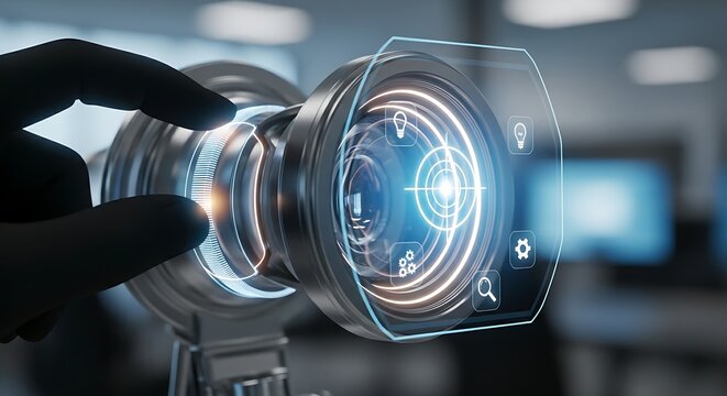Focus and concentration concept. A professional's hand adjusts the 'focus' of a holographic camera lens to make a central icon sharp and clear.