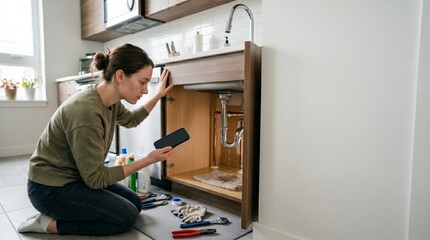 Obraz premium Woman checking leaking sink pipes with phone and tools in kitchen