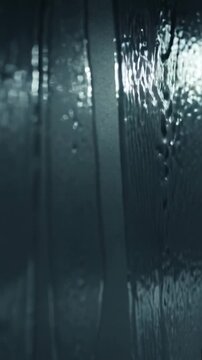 Vertical video: Flowing three upright streams down studio panel by gravity, forming drops and marks