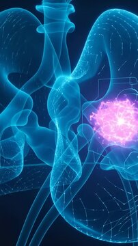 Vertical video: Animating pelvic scan showing kidneys ureter on navy after purple cluster pulsing