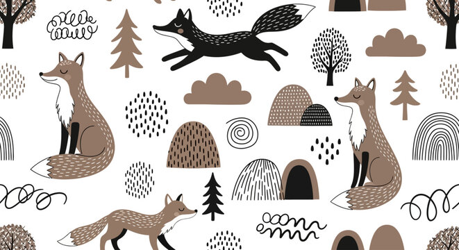 Whimsical forest animals seamless pattern, cute foxes, trees, clouds, bohemian woodland creatures seamless repeat