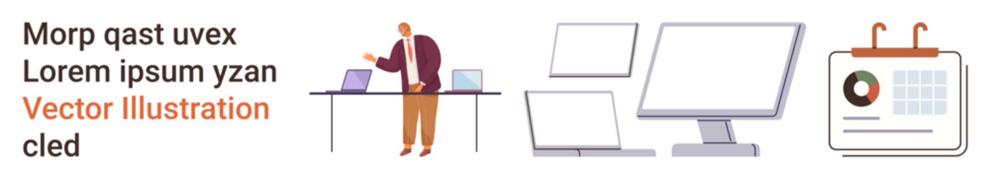 Business, remote work, office setup, technology, productivity, communication. A professional person standing near a desk with laptops. Business and remote work