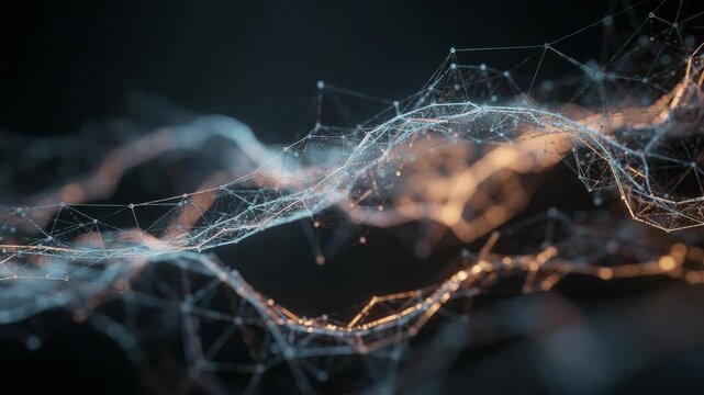 Glowing interconnected nodes and lines creating dynamic fluid neural network animation in dark space