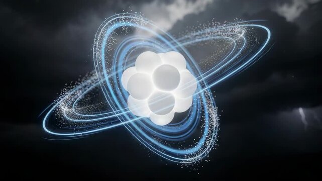 Glowing atomic nucleus with electric rings and particles orbiting dynamically against a dramatic stormy sky