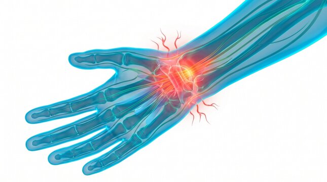  Ilustra&ccedil;&atilde;o m&eacute;dica 3D de m&atilde;o e pulso em raio-x transparente com destaque vermelho mostrando dor, inflama&ccedil;&atilde;o, artrite ou s&iacute;ndrome do t&uacute;nel do carpo.