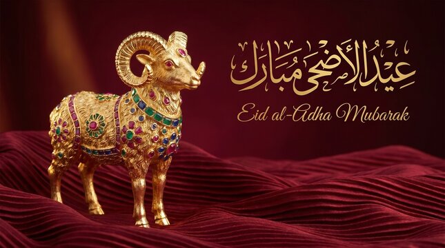  Eid al-Adha Mubarak greeting background with a luxurious golden ram statue adorned with jewels on draped burgundy fabric. For  Eid al-Adha posters, greeting cards.