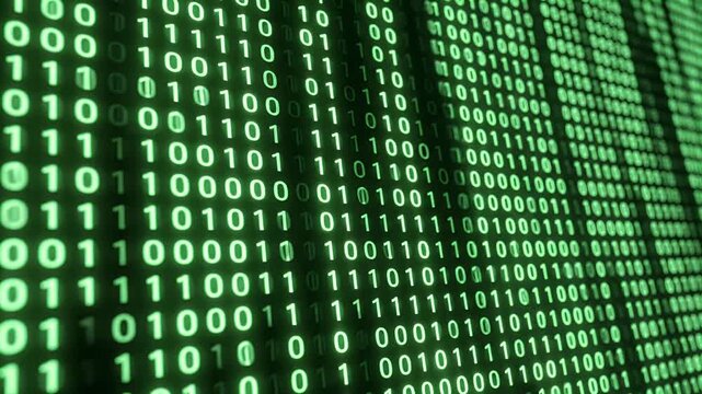 A close-up view of a digital screen displaying a stream of binary code in a vibrant green hue, symbolizing data and technology.