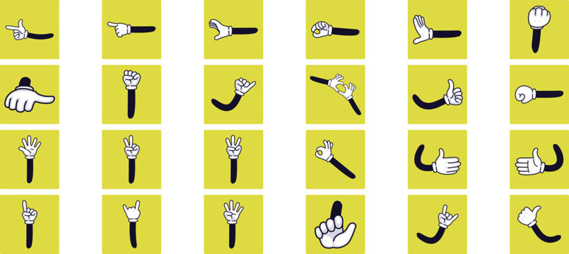 Retro Cartoon Gloved Hands Gestures Set with Various Finger Signs for Mascot Character Design Vector Illustration