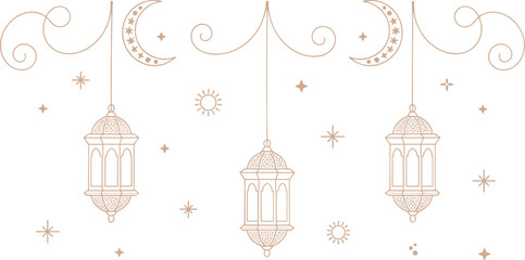 Islamic Lanterns and Crescent Moon Decoration illustration © Priyom