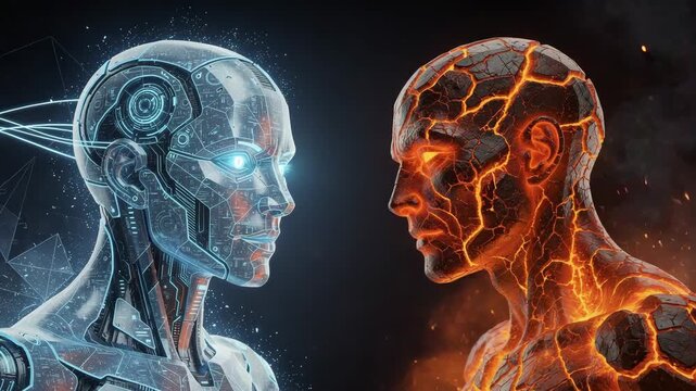 Futuristic cybernetic human faces molten lava humanoid glowing with fiery energy in epic sci fi battle