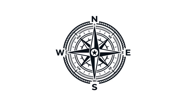 A detailed illustration of a classic navigation compass with north, south, east, and west labels on a plain background.