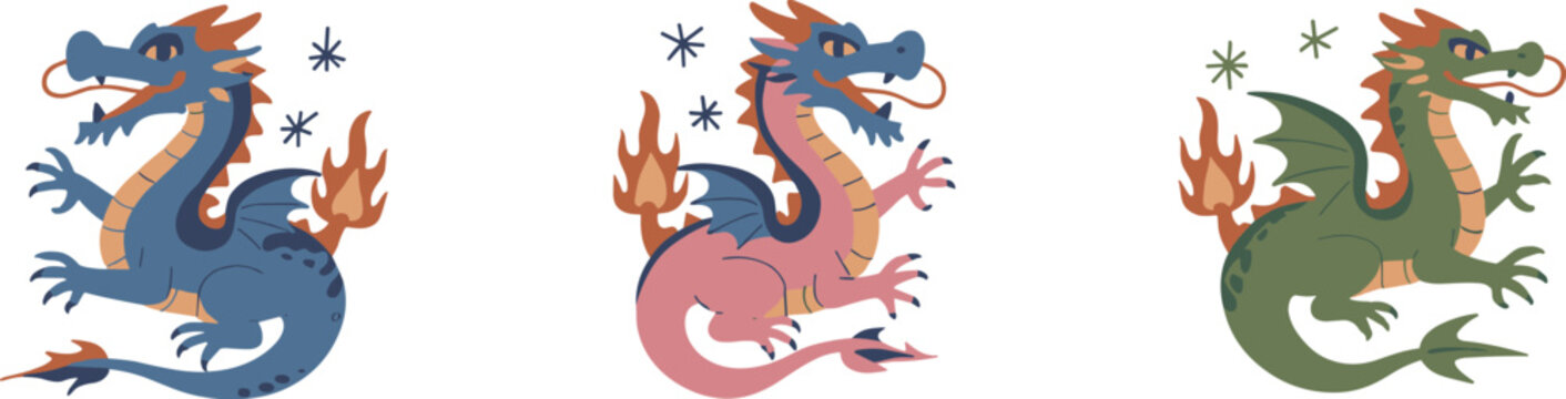 Three Cartoon Dragons with Flames and Stars fantasy