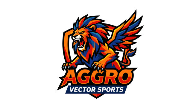 A colorful lion creature with wings and sharp claws represents Aggro Vector Sports in a dynamic sports logo illustration.