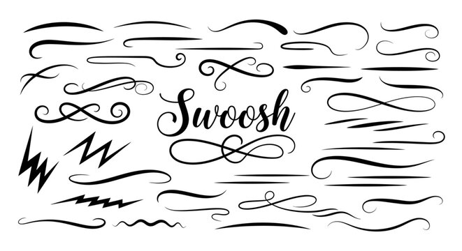 Swoosh, swirl, flourish, motion graphics elements, black vector lines and curves