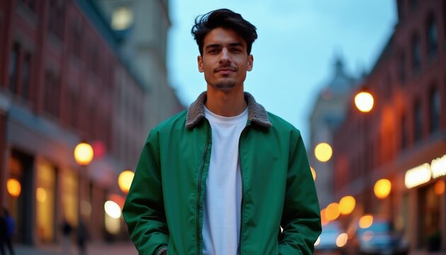 Young man stands on city street at dusk wearing a green jacket. He smiles confidently at the camera, with blurred city lights in the background creating a bokeh effect.