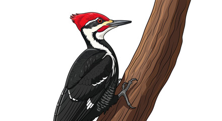 Pileated Woodpecker Perched on Tree Branch, Detailed Illustration © happy