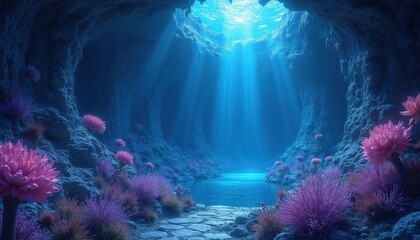 Fototapeta premium Underwater cave glows with magical flora. Sun rays pierce blue water, illuminating rocky walls and vibrant purple and pink plants. Pathway leads to calm pool in grotto.