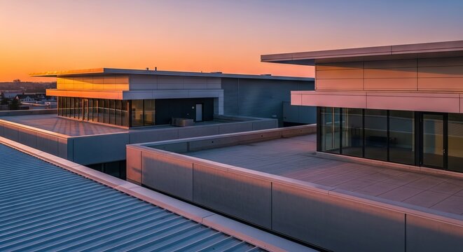 Elevated oblique perspective of modern industrial rooftops glowing in warm sunset light, showcasing clean geometric lines and premium design, infrastructure, contemporary, commerce