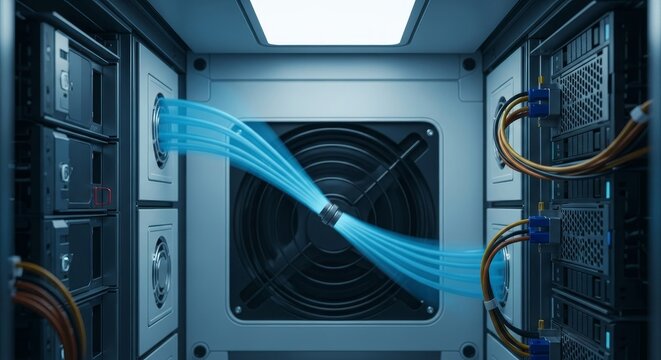 Dynamic blue airflow streams through a computer fan and cooling system, showcasing powerful ventilation technology.