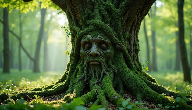 Ancient tree with human face carved into mossy bark. Green roots spread wide on forest floor. Sunlight streams through leafy canopy above. Mystical woodland spirit guardian.