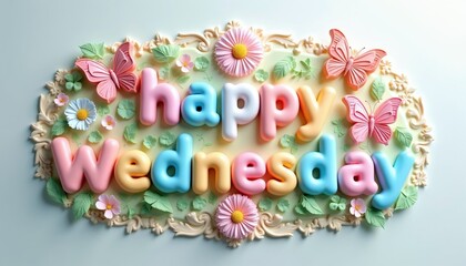 Naklejka premium Cute pastel letters spell out Happy Wednesday with decorative flowers and butterflies. Whimsical design for daily greetings, spring, or special occasions.