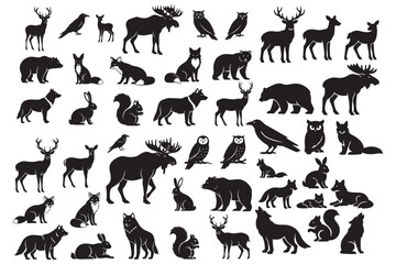 Fototapeta premium Wildlife Silhouette Icons Set Featuring Forest Animals, Deer, Moose, Bear, Wolf, Owl And Squirrel