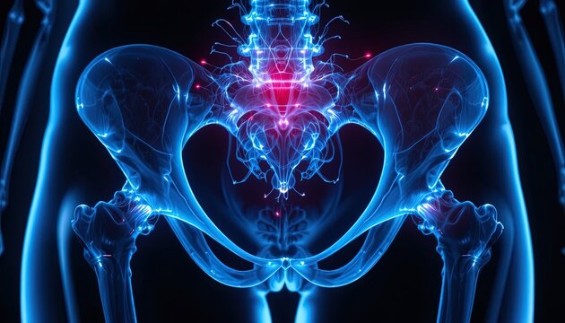 Pelvic Anatomy Medical Illustration Showing Hip Bone Structure, Vertebrae and Nerve Connectivity in Glowing Blue Color Palette