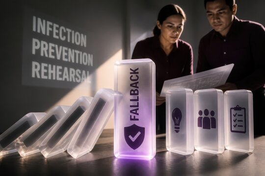 Business continuity fallback strategy with domino effect crisis management and risk prevention concept in dark office
