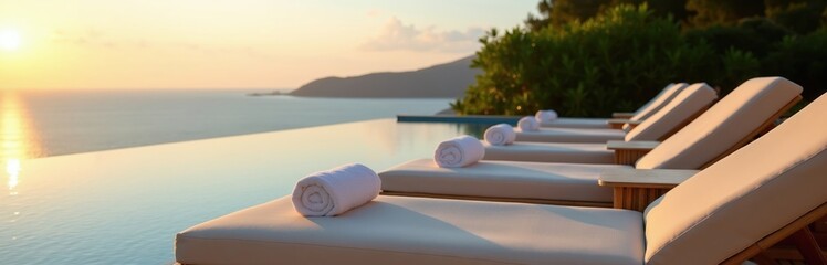 Obraz premium Empty sunbeds with rolled white towels sit by a resort infinity pool. Ocean vista at sunset provides calm, luxurious background. Prepare for guest arrival.