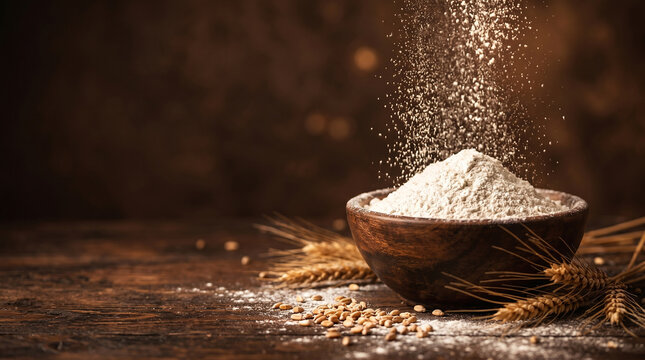 Sifting wheat flour into wooden bowl with wheat ears and grains on rustic table