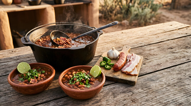 Mexican charro beans in rustic cast iron pot on wooden table