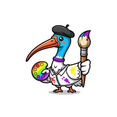 Obraz premium Cartoon bird painter with palette.