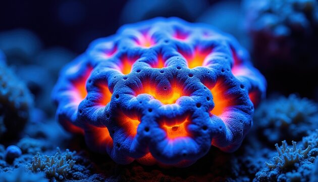 Close up of glowing blue brain coral with orange center. Intricate patterns visible on marine organism in deep dark ocean water. Shows natural texture detail.