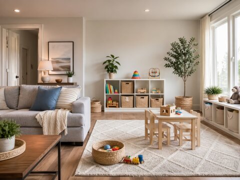 Kids corner in living room with organized storage and calm interior