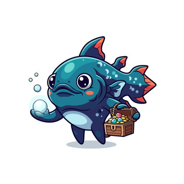 Cartoon fish holding treasure chest.