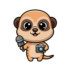 Obraz premium Cartoon meerkat holding microphone camera.
