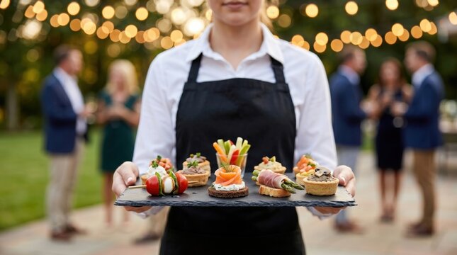 Close up of professional catering service offering snacks at corporate outdoor gala