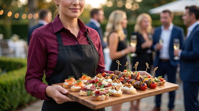 Waitress holding wooden tray with assorted gourmet appetizers at outdoor event