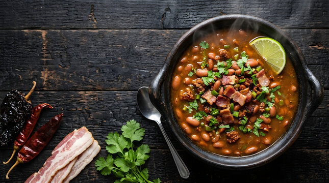 Authentic frijoles charros cowboy beans in rustic clay pot